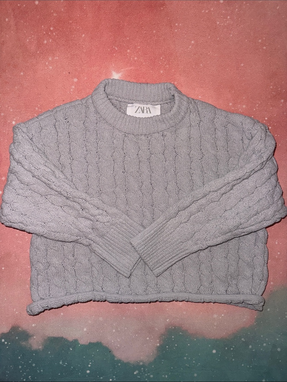 ZARA kids Pale Gray Cable-Knit Crewneck Sweater crop